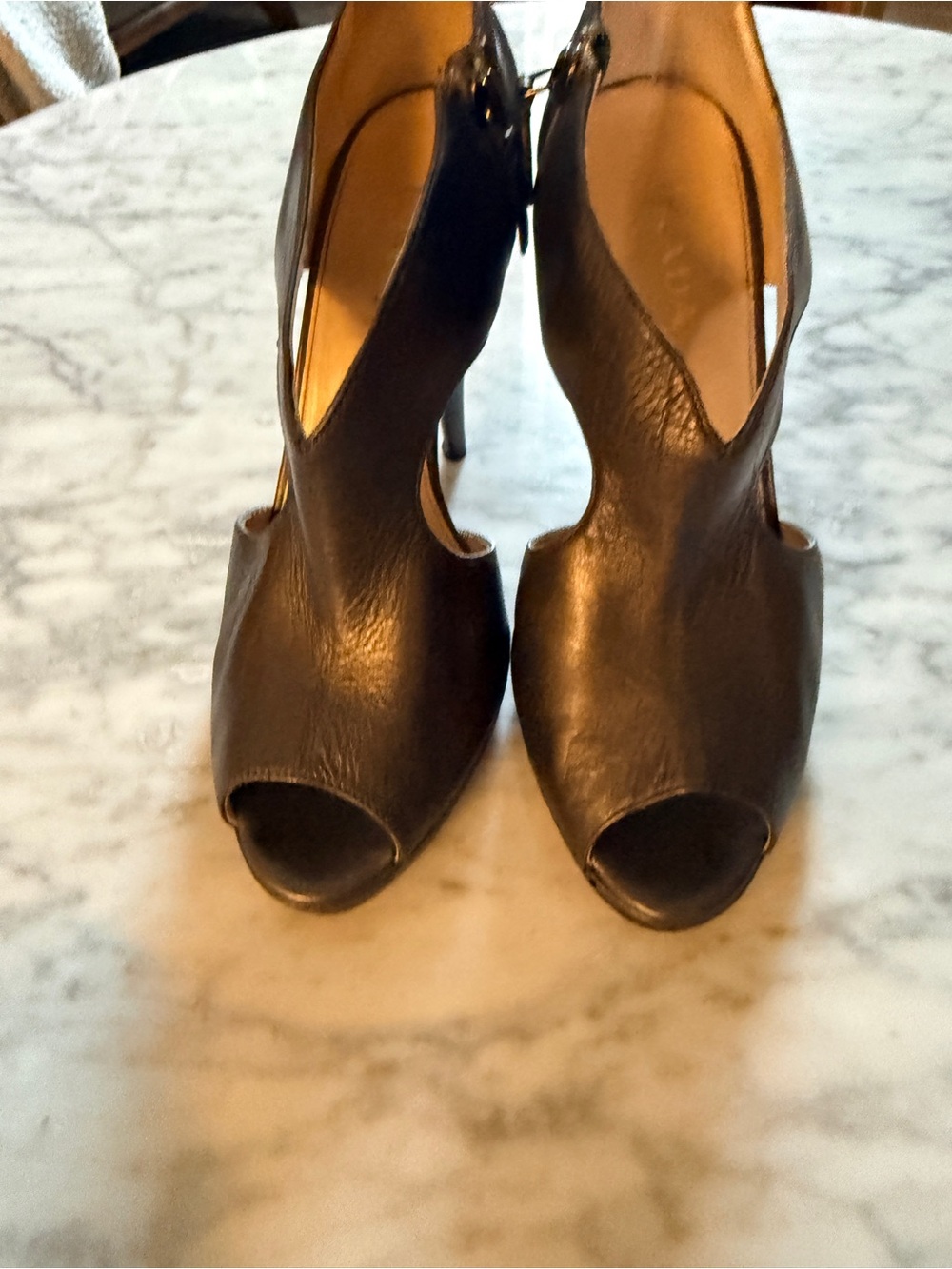 Prada Black Leather Peep-Toe Ankle-Strap Heels